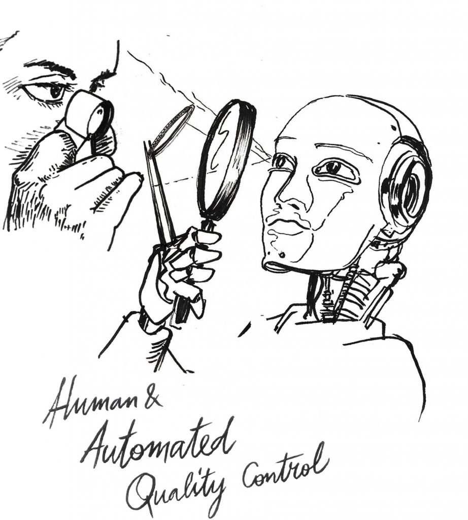 An illustration of a man and a robot, both looking through a magnifying glass